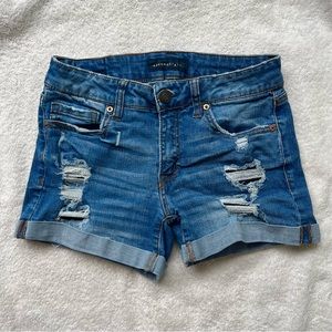 Aeropostale MIDI dark wash distressed jean shorts